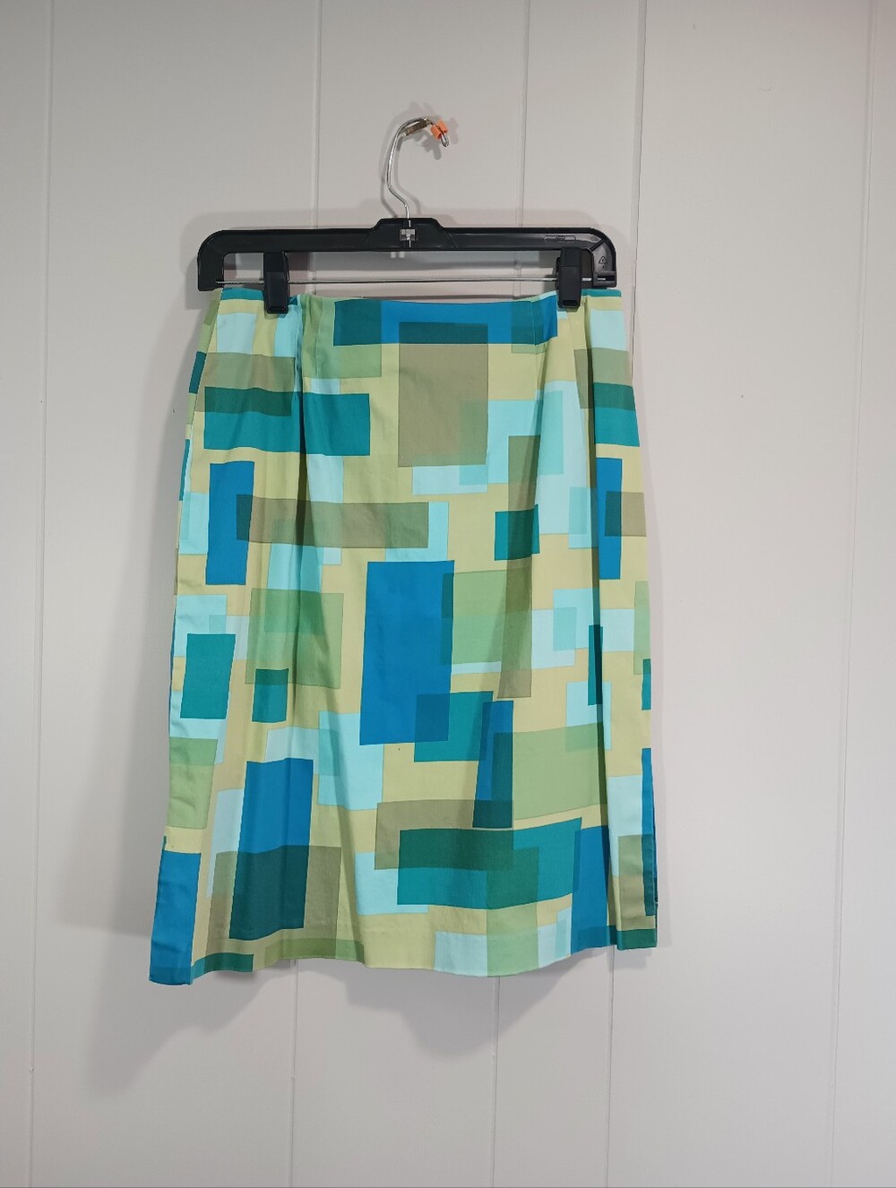 Mixit 96% Cotton Mid-Length Skirt with Blue and Green Geometric Blocks
